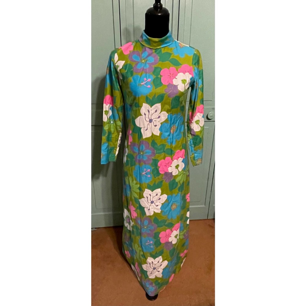 Vintage 60s Handmade Maxi‎ Dress Psychedelic Florals Green